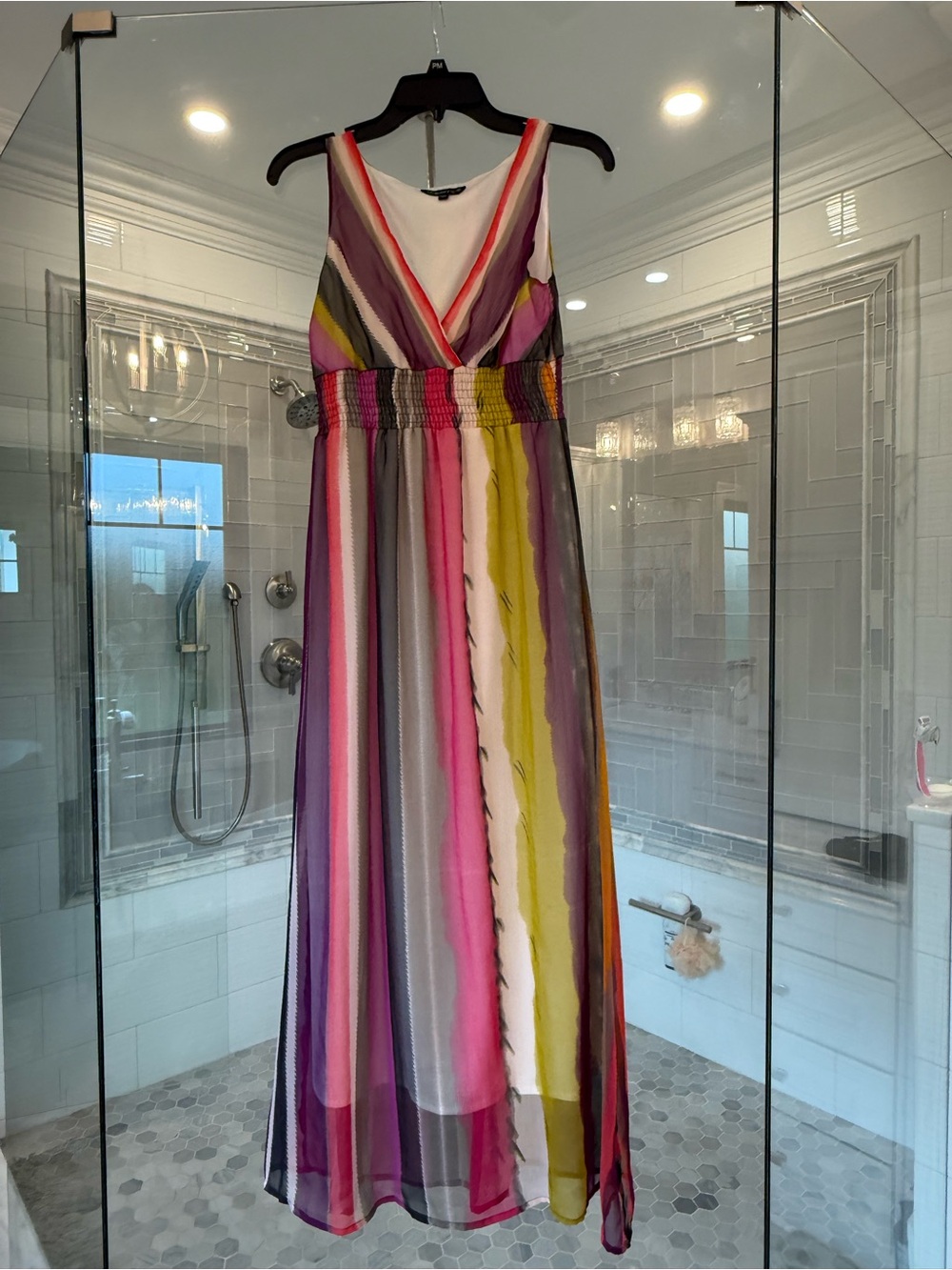 Sleeveless Multi-Striped V-Neck Maxi Dress in Pink, Purple & Green